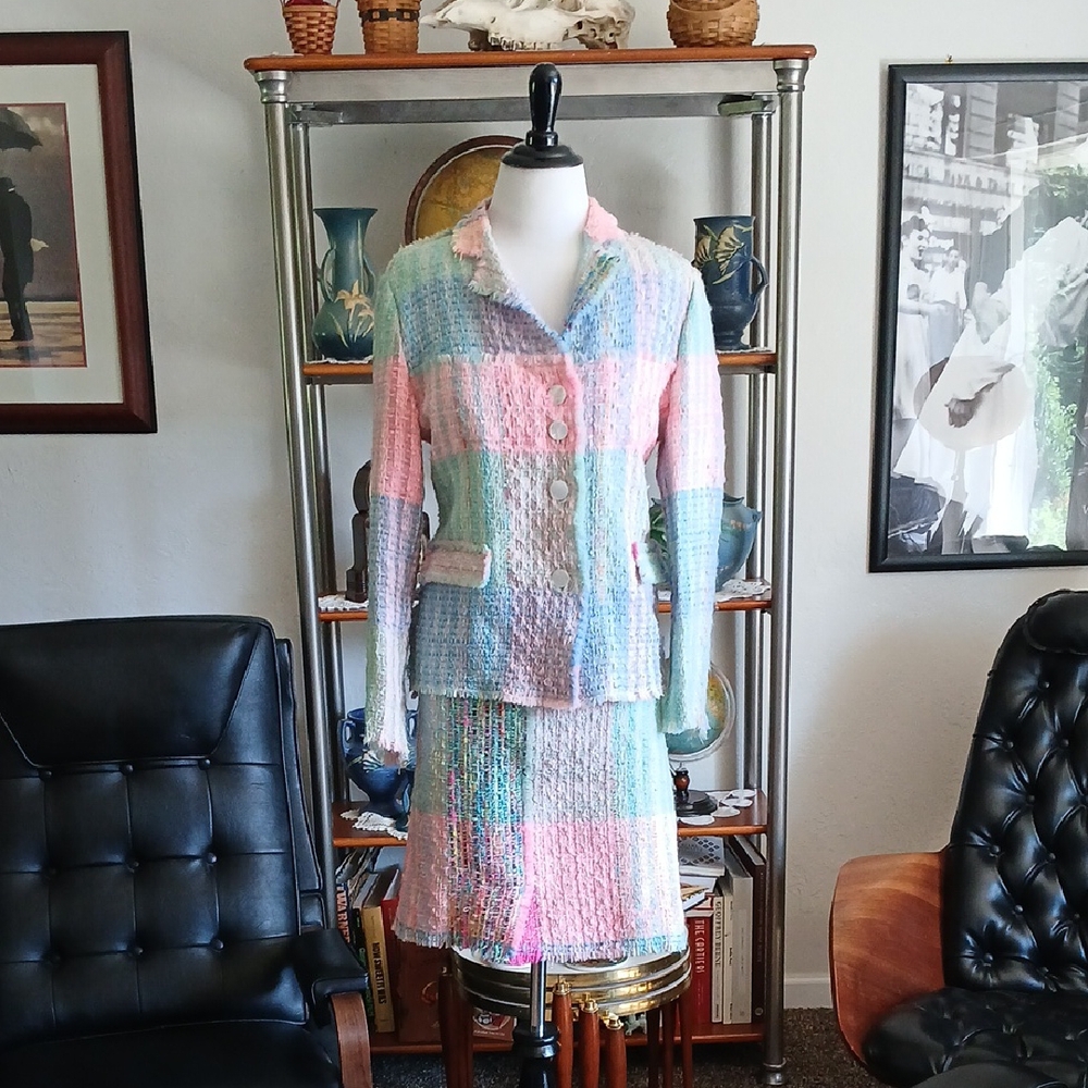 Balmain Vintage Blue And Pink Tweed Skirt Suit Size 12